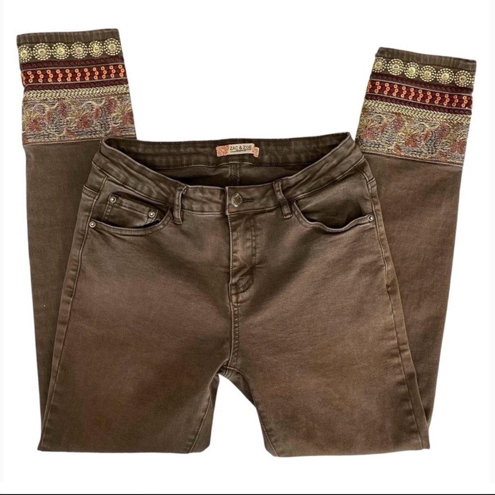 ZAC & ZOE EMBROIDERED ANKLE OLIVE GREEN STRETCH VINTAGE JEANS SIZE (US2) M38